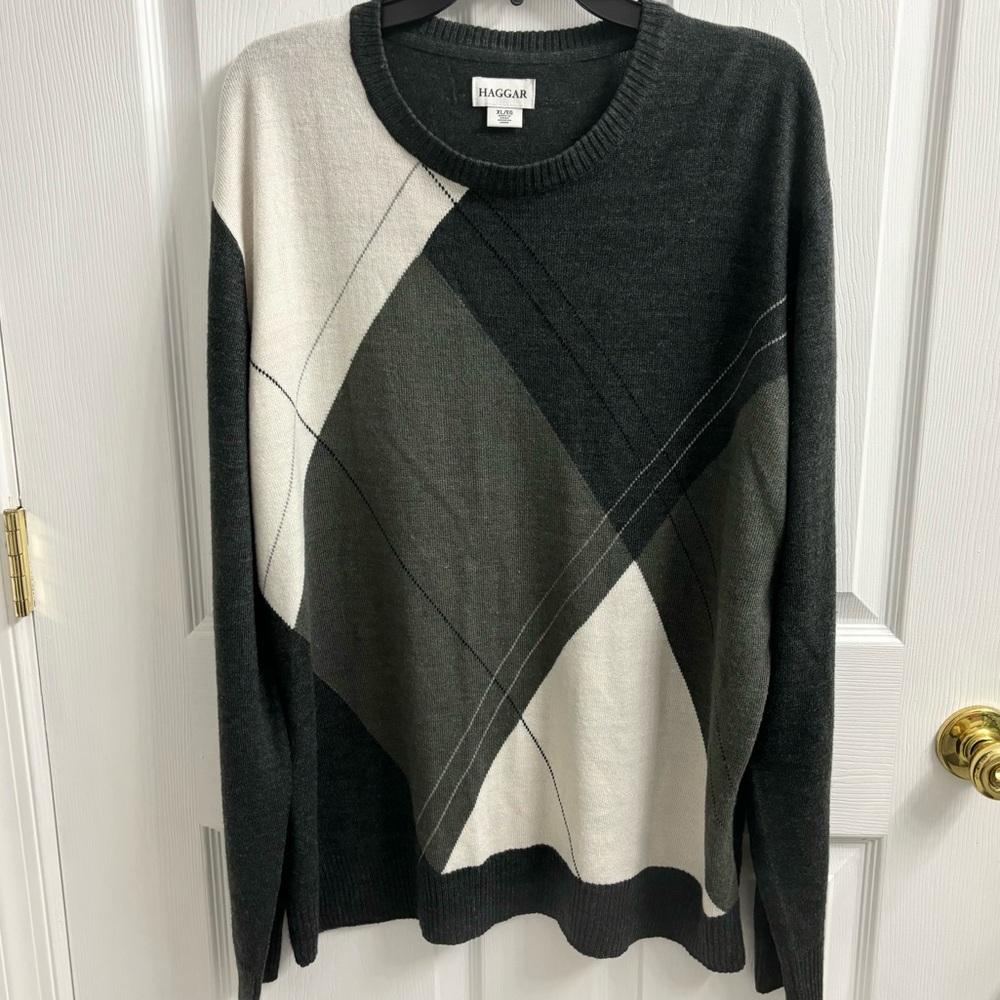 Grandpa Sweater Argyle Print XL Grey White